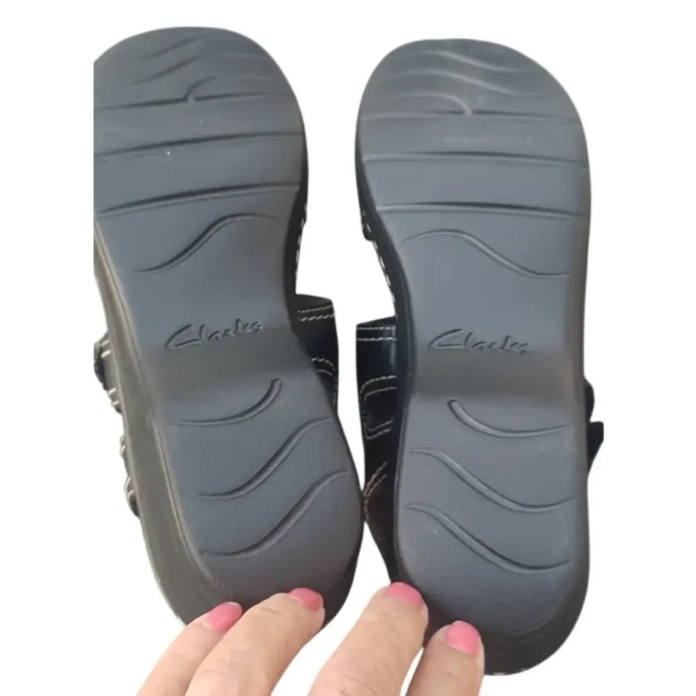 Clarks Collection Black Comfort Sandals Hook Loop Wedge Wide 8.5 26065776W